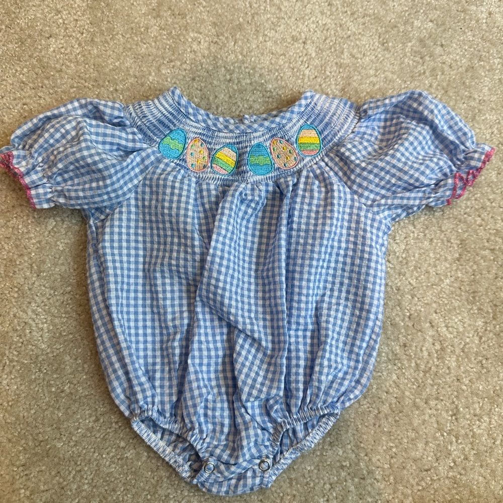 Blue Gingham Baby Romper with Easter Egg Embroidery